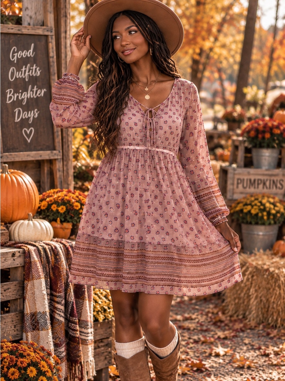Mudd Size L Mauve Floral Sheer Boho Long Sleeve Dress